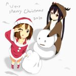  black_hair brown_eyes brown_hair christmas from_above hirasawa_yui k-on! kaiman long_hair looking_up nakano_azusa reindeer reindeer_costume sack santa_costume short_hair snowman tongue twintails 