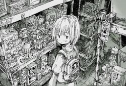  1girl backpack bag camera charm_(object) doll expressionless figure greyscale highres honezuki indoors looking_back monochrome original shelf shirt short_sleeves solo toy toy_dinosaur toy_robot 