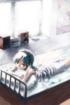  akg amamiya_yuki bad_id bed blue_hair hand_on_headphones headphones idolmaster kisaragi_chihaya long_hair lying on_stomach pillow poster_(object) shorts solo speaker stereo striped 