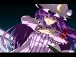  book crescent crescent_moon dutch_angle flat_gaze hat kasukazu letterboxed long_hair magic_circle open_book patchouli_knowledge purple_eyes purple_hair serious shaded_face solo stare touhou violet_eyes 