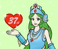  1girl anniversary blue_dress collarbone dress green_background green_eyes green_hair heart kid_icarus kid_icarus_(nes) moegi_morinoha palutena solo sparkle twitter_username upper_body 