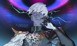  1boy armor black_gloves black_shirt blue_eyes colored_sclera colored_skin fate/grand_order fate_(series) finger_to_face gloves grey_sclera grey_skin highres indra_(fate) jewelry lightning lightning_bolt_facial_mark looking_at_viewer male_focus pauldrons shirt short_hair shoulder_armor single_pauldron solo temu_(tem27) upper_body white_hair 
