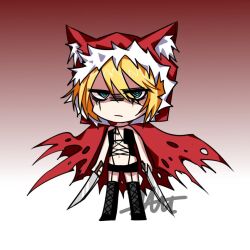  1girl @_@ animal_ears bare_shoulders bikini black_bikini black_boots black_ribbon black_souls black_souls_2 blonde_hair blue_eyes boots cape cat_ears chibi chibi_only closed_mouth fur-trimmed_hood fur_trim glaring gradient_background hair_over_one_eye holding holding_knife hood knife looking_at_viewer makeup mu_blood red_background red_cape red_hood red_hood_(black_souls) ribbon runny_makeup shaded_face short_hair signature simple_background swimsuit white_background 