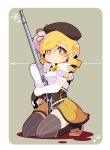  beret blonde_hair blood boots detached_sleeves dotted_line dotted_outline drill_hair feathers fingerless_gloves gloves gun hair_ornament hairclip hat highres kneeling magical_girl magical_musket mahou_shoujo_madoka_magica mami_mogu_mogu mzh rifle rounded_corners scissors smile solo striped striped_legwear thigh-highs thighhighs tomoe_mami twintails weapon yellow_eyes zettai_ryouiki 