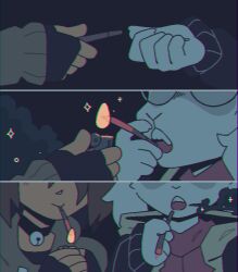  bell_collar brown_hair chromatic_aberration deceased_bunny_(artist) deltarune eyes_out_of_frame glasses kris_(deltarune) paws ralsei smoking sweater weed white_fur 