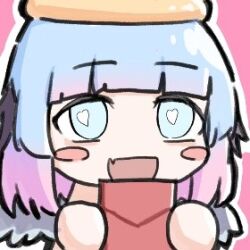  black_souls black_souls_2 black_wings blue_eyes blue_hair blunt_bangs blush chibi chibi_only envelope fang halo head_wings heart heart-shaped_pupils holding holding_envelope hongbao lingeriena_(black_souls) looking_at_viewer looking_up lowres open_mouth outline pink_background pink_hair short_hair skin_fang symbol-shaped_pupils white_outline white_wings wings wrangelina yellow_halo 