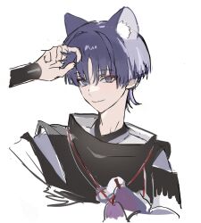 1boy animal_ear_fluff animal_ears armor black_sleeves blunt_ends bright_pupils cat_boy cat_ears closed_mouth clothing_cutout cropped_torso disembodied_hand eyeliner eyeshadow genshin_impact highres japanese_armor japanese_clothes kariginu kimono kote kurokote kuronushi_(genshin_impact) lavender_melon_(genshin_impact) layered_sleeves long_neck looking_at_viewer makeup male_focus purple_hair purple_kimono purple_sleeves red_eyeliner red_eyeshadow scaramouche_(genshin_impact) shoulder_cutout sketch smile solo string tsurime ttt_rr4 violet_eyes white_background white_pupils wispy_bangs 