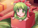  blush bow box child christmas frills gift girl_in_a_box green_eyes green_hair hair_bow highres in_box in_container kagiyama_hina long_hair lzh nude room solo touhou 