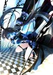  arm_cannon black_hair black_rock_shooter black_rock_shooter_(character) blue_eyes boots highres solo sword weapon xephonia 