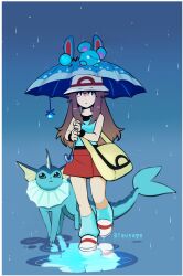  1girl azumarill_(toy) azurill bad_id bad_tumblr_id bag blue_shirt blue_theme blue_umbrella brown_hair closed_mouth hat highres holding holding_umbrella leaf_(pokemon) long_hair looking_at_viewer messenger_bag pokemon pokemon_(creature) pokemon_frlg puddle rain rawgummy red_skirt shirt shoulder_bag skirt sleeveless sleeveless_shirt umbrella vaporeon wristband 