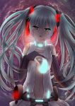  ai_yoru aqua_hair bad_id bridal_gauntlets glowing green_eyes hand_on_chest hand_on_own_chest hand_to_chest hatsune_miku hatsune_miku_(append) long_hair miku_append navel necktie open_mouth solo twintails very_long_hair vocaloid vocaloid_append 
