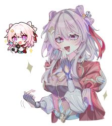  1girl :d bell blue_eyes breasts chibi hair_bell hair_ornament highres honkai:_star_rail honkai_(series) jingle_bell juliet_sleeves long_hair long_sleeves looking_at_viewer march_7th_(honkai:_star_rail) march_7th_(hunt)_(honkai:_star_rail) medium_breasts multicolored_eyes multiple_views open_mouth pink_hair puffy_sleeves shuangyaji simple_background smile sparkle toriniku_(tori_paku2) two-tone_eyes upper_body violet_eyes white_background 