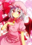  bat_wings blush hand_on_own_chest hand_to_chest hat kohaku. nail_polish purple_hair red_eyes remilia_scarlet short_hair smile solo touhou wings 