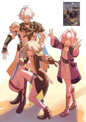  1boy 2girls absurdres ahoge black_boots black_coat black_gloves boots breasts coat commentary_request cyrene_(honkai:_star_rail) double_v dress gloves grey_hair hair_ornament high_school_girls_posing_for_google_street_view_(meme) highres honkai:_star_rail honkai_(series) jewelry medium_hair meme multiple_girls necklace neneneneko phainon_(honkai:_star_rail) pink_hair purple_coat reference_inset sandals smile stelle_(honkai:_star_rail) trailblazer_(honkai:_star_rail) v white_coat white_dress white_hair yellow_eyes 