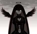  angel as109 black_hair black_wings cleavage_cutout dark_persona glowing glowing_eyes halo heart heart_cleavage_cutout heart_cutout long_hair monochrome navel panty_&amp;_stocking_with_garterbelt solo spoilers stocking_(character) stocking_(psg) tsurime very_long_hair white_eyes wings zipper 