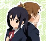  :d back-to-back black_hair blush brown_eyes bust hair_ribbon hirasawa_ui k-on! long_hair looking_back multiple_girls nakano_azusa open_mouth ponytail ribbon school_uniform short_hair smile twintails yamasaki_wataru 