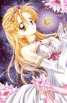  blonde_hair brown_eyes crown dress elbow_gloves flower full_moon gloves jewelry moon necklace night official_art pointy_ears princess solo suomi_kyoko suomi_kyouko tanemura_arina time_stranger_kyoko traditional_media white_dress 