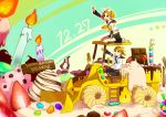  blonde_hair blue_eyes bow candle candy chocolate food fruit hair_bow hair_ornament hairclip happy_birthday highres kagamine_len kagamine_rin kneeling outstretched_arm ponytail short_hair siblings sitting steamroller strawberry tractor twins vocaloid 