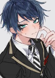  1boy absurdres arm_up black_jacket blue_hair blush closed_mouth deuce_spade diagonal-striped_clothes diagonal-striped_necktie facial_mark fingernails gold_trim green_eyes grey_background highres hikentai3 jacket lapels layered_sleeves long_sleeves looking_to_the_side male_focus necktie nervous_sweating night_raven_college_uniform notched_lapels parted_bangs sanpaku school_uniform shirt short_hair sideways_glance simple_background solo spade_(shape) striped_clothes striped_necktie suit_jacket sweat sweatdrop twisted_wonderland upper_body white_shirt 