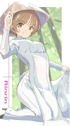 1girl ao_dai brown_eyes brown_hair character_name commentary_request dress feet_out_of_frame full_body grin hat highres pants parted_lips rice_hat rinrin_(sister_princess) short_hair siomaru16 sister_princess smile solo white_dress white_pants 