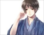  arm_up axis_powers_hetalia blush border brown_hair fingernails hand_on_own_face hand_to_face japan_(hetalia) japanese_clothes kimono light_smile male short_hair simple_background smile solo white_background yellow_eyes yousan 