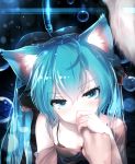  1girl animal_ears aqua_eyes aqua_hair bai_yemeng blush breasts bubble cat_ears cleavage close-up finger_to_mouth hair_ribbon hatsune_miku hidden_mouth highres long_hair off_shoulder out_of_frame revision ribbon small_breasts tail twintails vocaloid 