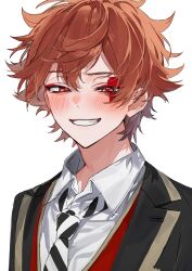 1boy absurdres ace_trappola black_jacket blush collared_shirt diagonal-striped_clothes diagonal-striped_necktie dot_nose double-parted_bangs facial_mark gold_trim grin hair_between_eyes heart highres hikentai3 jacket lapels male_focus messy_hair necktie night_raven_college_uniform notched_lapels orange_hair red_eyes school_uniform shirt simple_background smile solo striped_clothes striped_necktie teeth twisted_wonderland upper_body white_background white_shirt wing_collar 