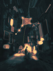  1boy alley black_hair boots constellation_print dkaism full_body glowing holding_kite kite mantle night original short_hair sign size_difference solo window 
