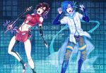  blue_eyes blue_hair boots brown_eyes brown_hair headphones headset kaito kaito_(append) meiko meiko_(append) microphone midriff navel open_mouth scarf short_hair singing vocaloid vocaloid_append 
