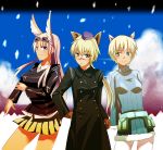  3girls animal_ears blonde_hair blue_eyes breasts buttons gloves goggles goggles_on_head green_eyes hanna-justina_marseille hanna_rudel hanna_wind multiple_girls ponytail skirt smile strike_witches unier 