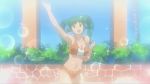  bikini bush glitter green_eyes green_hair mizugi orange_bikini plant pool smile solty_rei solty_revant swimsuit tree waving 