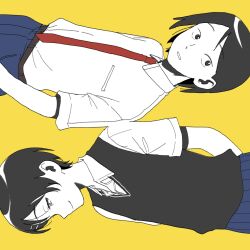  1boy 1girl arms_behind_back black_eyes black_hair black_sweater_vest blue_pants blue_skirt breast_pocket chuuya_(user_ekhm4877) collared_shirt commentary_request cousins flat_color futsuu_no_keion-bu hair_ornament hairpin highres kouyama_rin necktie pants parted_bangs parted_lips pixie_cut pleated_skirt pocket red_necktie rotational_symmetry school_uniform shirt short_hair short_sleeves simple_background skirt smile summer_uniform sweater_vest taguchi_ryuuya upper_body white_shirt yellow_background 
