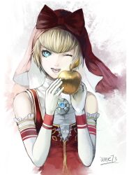  1girl apple blue_eyes bow commentary elbow_gloves food frilled_gloves frills fruit gloves golden_apple highres holding holding_food holding_fruit idunn_(megami_tensei) looking_at_viewer one_eye_closed open_mouth shin_megami_tensei shin_megami_tensei_v shin_megami_tensei_v:_vengeance sleeveless smile solo tongue ume73 upper_body veil 