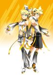  arm_warmers blonde_hair boots breasts brother_and_sister caffein detached_sleeves hair_ornament hair_ribbon hairclip headphones highres kagamine_len kagamine_len_(append) kagamine_rin kagamine_rin_(append) leg_warmers navel navel_cutout ribbon short_hair shorts siblings sideboob smile thigh_boots thighhighs twins vocaloid vocaloid_append 