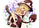  aizawa_riku bad_id blonde_hair bloomers braid broom broom_riding butterfly hair_ribbon hat kirisame_marisa mary_janes open_mouth ribbon shoes smile solo star touhou witch witch_hat yellow_eyes 