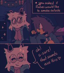  bell_collar brown_hair christmas_decoration chromatic_aberration deceased_bunny_(artist) deltarune glasses kris_(deltarune) paws ralsei sweater sweating white_fur 