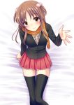  bad_id blush brown_eyes brown_hair character_request copyright_request frills from_above hair_bobbles hair_ornament long_hair looking_at_viewer on_bed outstretched_hand plaid scarf short_twintails sitting skirt smile solo tartan thigh-highs thighhighs tottoto_tomekichi twintails zettai_ryouiki 