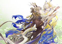  1boy 1girl absurdres antlers arknights blonde_hair brown_coat closed_eyes closed_mouth coat dancing dragon_girl dragon_horns earrings grey_hair hair_between_eyes hair_intakes highres horns jewelry ji_(arknights) light_particles long_hair mole mole_under_eye multicolored_hair pointy_ears profile purple_hair shu_(arknights) smile sparkle standing tail tongxi65938_(mo_zuoren) very_long_hair white_hair white_sleeves 
