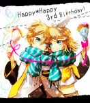  blue_eyes bouquet bow brother_and_sister flower hair_bow hair_ornament hairclip happy_birthday kagamine_len kagamine_rin ria ribbon scarf shared_scarf short_hair siblings smile striped striped_scarf twins vocaloid 