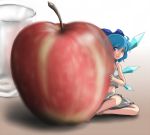  ao_usagi apple barefoot bloomers blue_eyes blue_hair cirno food fruit glass hair_ribbon hiding ice_wings minigirl realistic reflection ribbon sitting smile solo touhou underwear underwear_only wings 