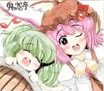  animal_ears bad_id bucket colored_pencil_(medium) earrings girl_in_bucket green_eyes green_hair hat highres in_bucket in_container jewelry kisume multiple_girls musical_note mystia_lorelei nib_pen_(medium) onion_pikupiku open_mouth pink_hair red_eyes shikishi short_hair touhou traditional_media twintails wings wink 