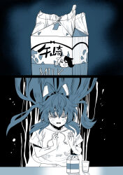  1girl blue_theme closed_eyes commentary_request cup failure highres hood hood_down hoodie long_hair milk_carton monochrome nekobatake open_mouth short_sleeves solo touhou translation_request upper_body ushizaki_urumi yorigami_shion 