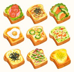  bread bread_slice brown_background food food_focus food_request fried_egg ham no_humans original rizu_(rizunm) simple_background sliced_meat tomato tomato_slice twitter_username 