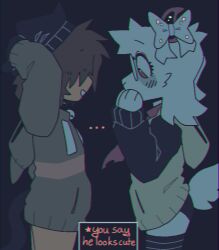  bell_collar blush brown_hair chromatic_aberration deceased_bunny_(artist) deltarune glasses kris_(deltarune) paws ralsei ribbon sweater white_fur 