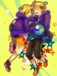  aoshiki bad_id blonde_hair brother_and_sister casual closed_eyes eyes_closed hair_ornament hairclip happy headphones kagamine_len kagamine_rin oversized_object ponytail short_hair siblings twins vocaloid 