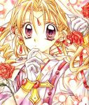  90s blonde_hair cloth cross drill_hair earrings face flower gloves jewelry kaitou_jeanne kamikaze_kaitou_jeanne kusakabe_maron official_art purple_eyes red_rose rose solo tanemura_arina traditional_media violet_eyes 