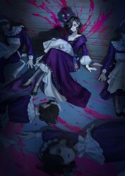  5girls ambiguous_pink_liquid apron black_hair black_pantyhose black_shoes blanket clone crossed_legs dark different_shadow dress dual_persona eyed_shadow full_body hair_over_one_eye high_heels highres holding holding_blanket hollow_eyes indoors key long_dress long_sleeves lying maid maid_headdress multiple_girls on_ground on_side one_eye_covered pantyhose pink_eyes purple_dress reverse:1999 shoes short_hair sitting smile swaddled tuesday_(reverse:1999) viciousmongrel vignetting white_apron 