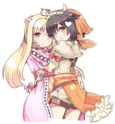  2girls ajitarou_(setsu) animal_ears balloonpig_alma black_hair blonde_hair blue_eyes capelet crown dress emil_chronicle_online frilled_hairband frills hair_ornament hairband hand_on_another&#039;s_hip looking_at_viewer momo_alma multiple_girls orange_eyes orange_hood pants pig_ears pig_girl pink_dress red_ribbon ribbon shirt white_background white_capelet white_pants white_shirt yuri 