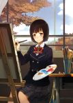  bow brown_hair copyright_request easel face long_sleeves paintbrush painting palette school_uniform shirabi_(life-is-free) skirt solo 