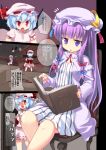  bat_wings blue_hair book bookshelf chair comic crescent hair_over_one_eye hat library mamo patchouli_knowledge pentagram purple_eyes purple_hair reading red_eyes remilia_scarlet sitting touhou translation_request voile wings 